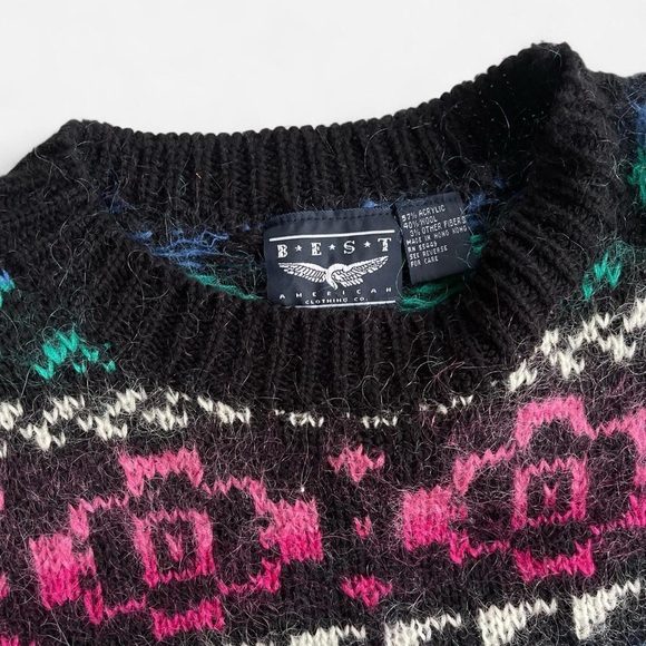 Vintage Best American Acrylic Wool Blend Knit Blue Black Pink Geometric Sweater - Picture 3 of 6